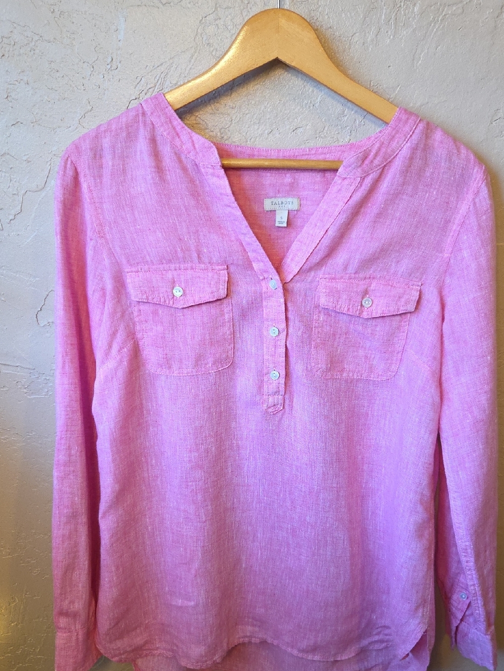 Talbots Pink Linen Button Front Blouse Size Small Casual Lightweight Top
